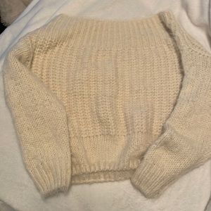 Eyelash cream off the shoulder cropped sweater